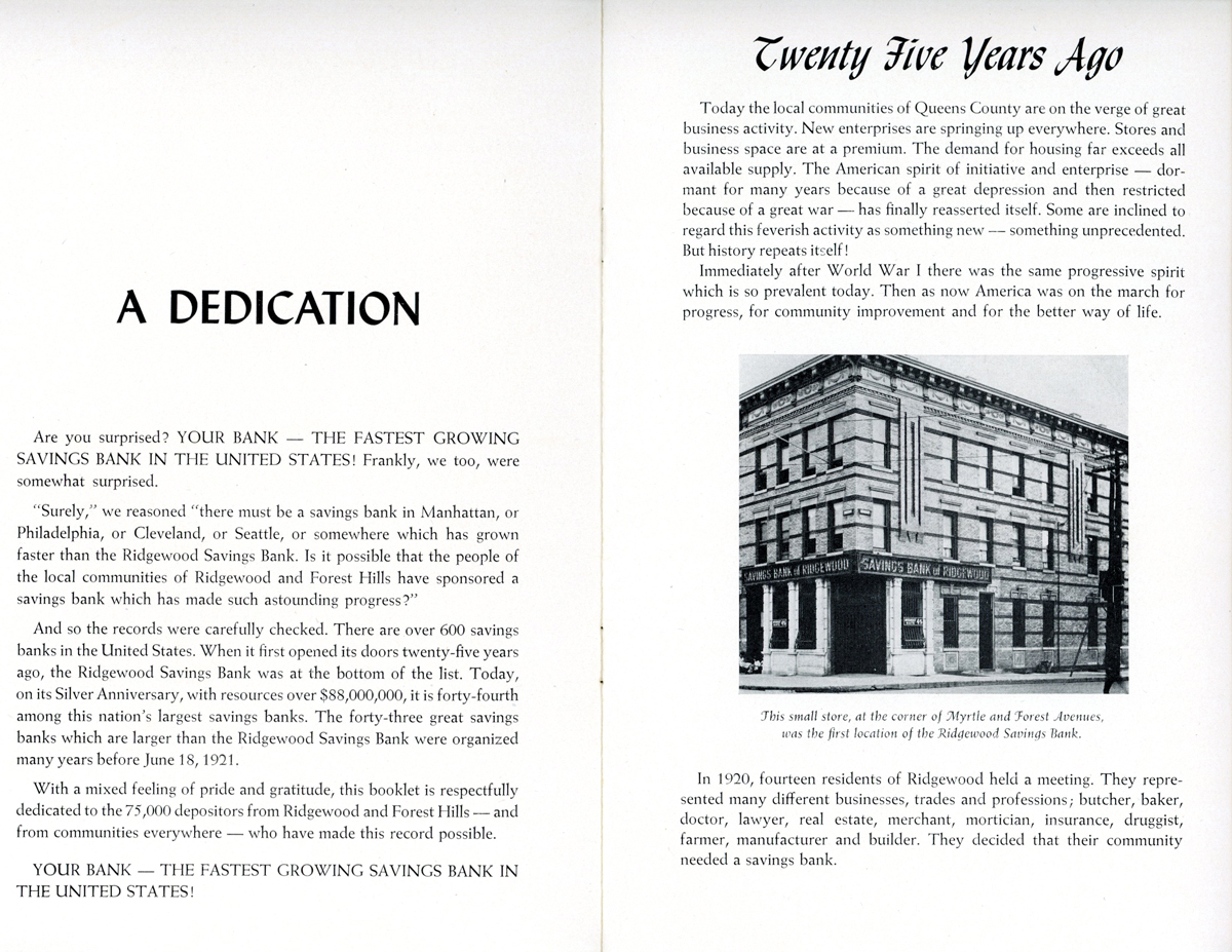 The bank's twenty-fifth anniversary booklet showing a dedication to the founders.
