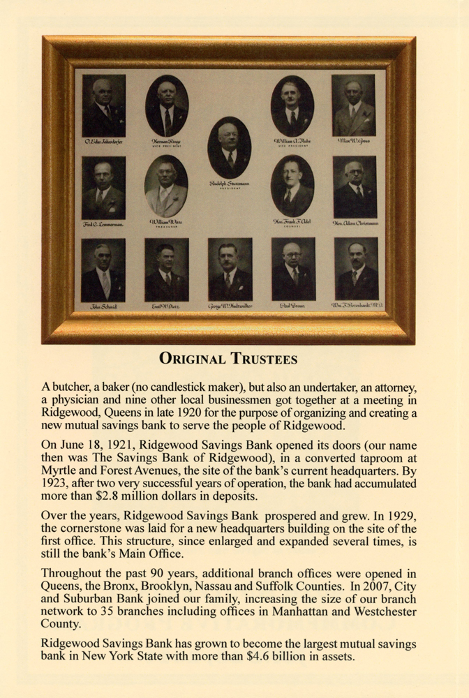 A picture frame with photos of the bank's founding trustees